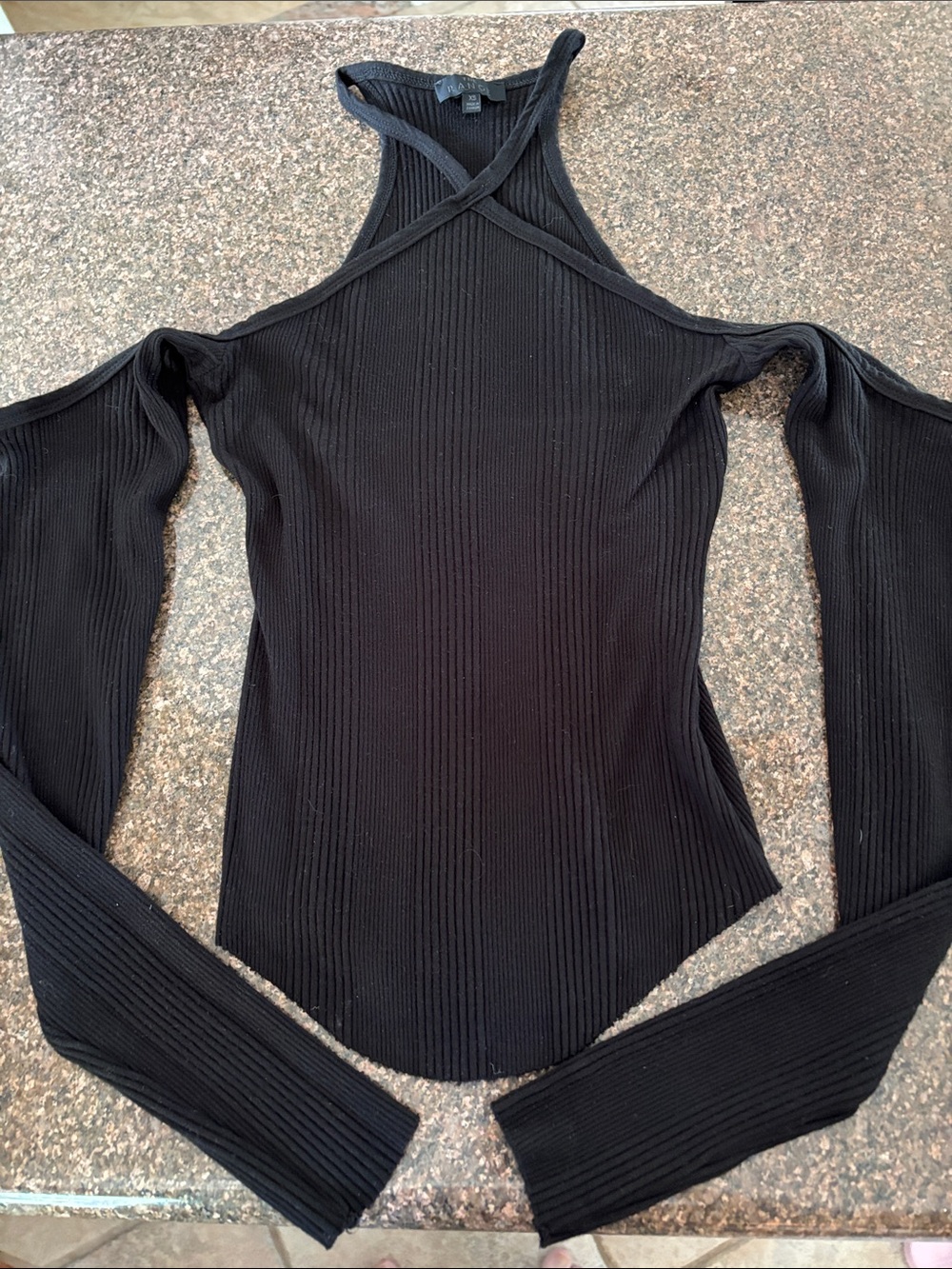 The Range Ladies Black Ribbed Cold-Shoulder Tank with Crisscross Neckline-XS